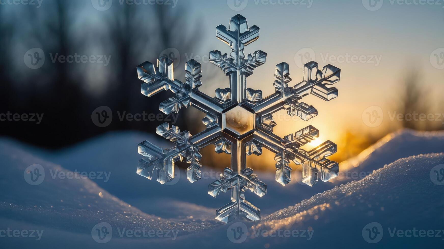 A close-up of a snowflake resting on snow, illuminated by a warm sunset. photo