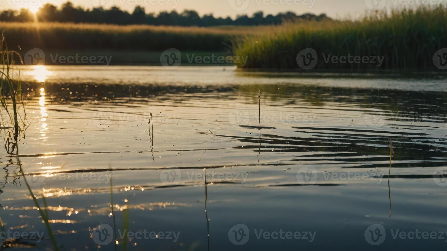 A serene sunset reflecting on a calm water surface surrounded by lush greenery. photo