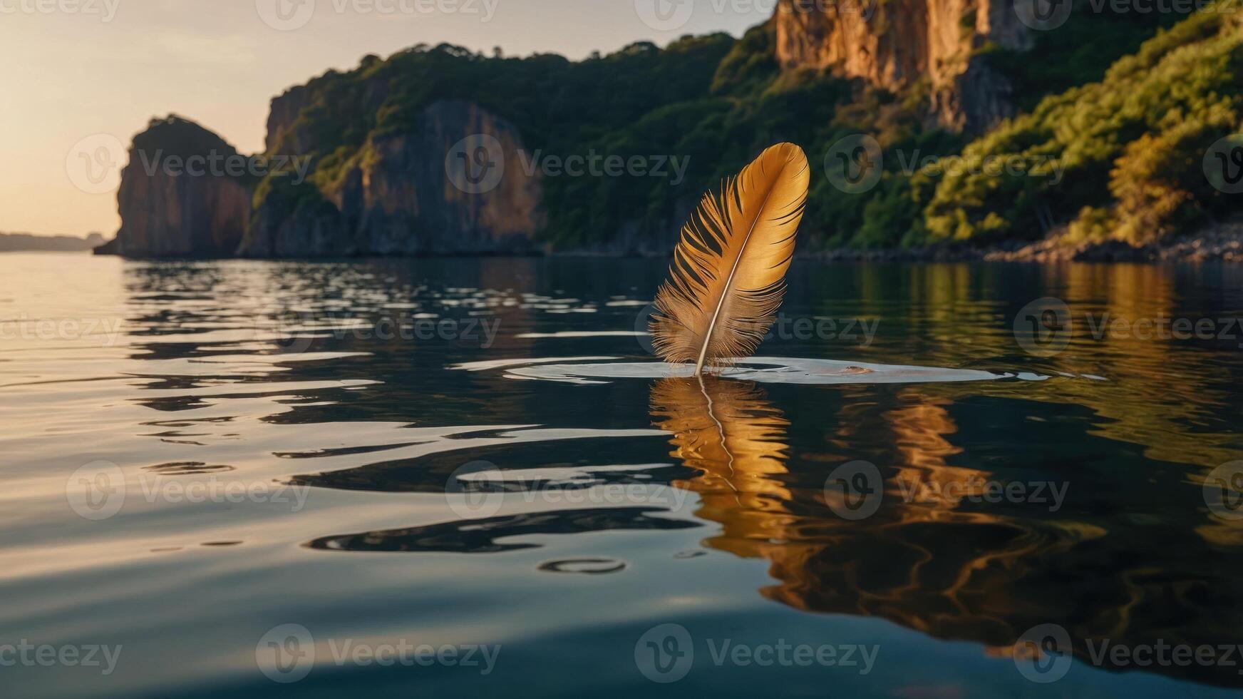 A golden feather floats gracefully on calm water, reflecting the serene landscape around it. photo