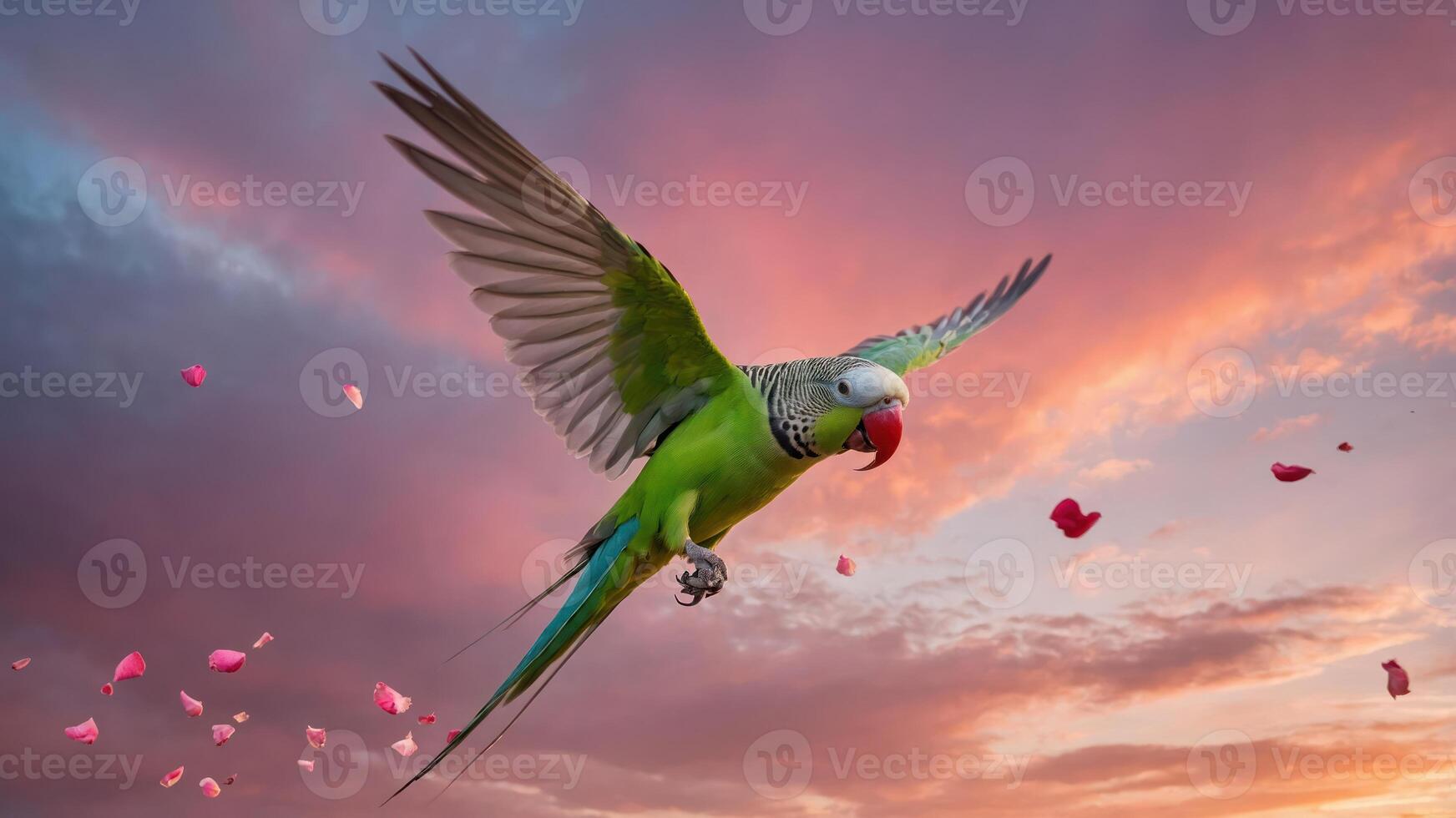 A vibrant green parrot flying against a colorful sunset with rose petals in the air. photo