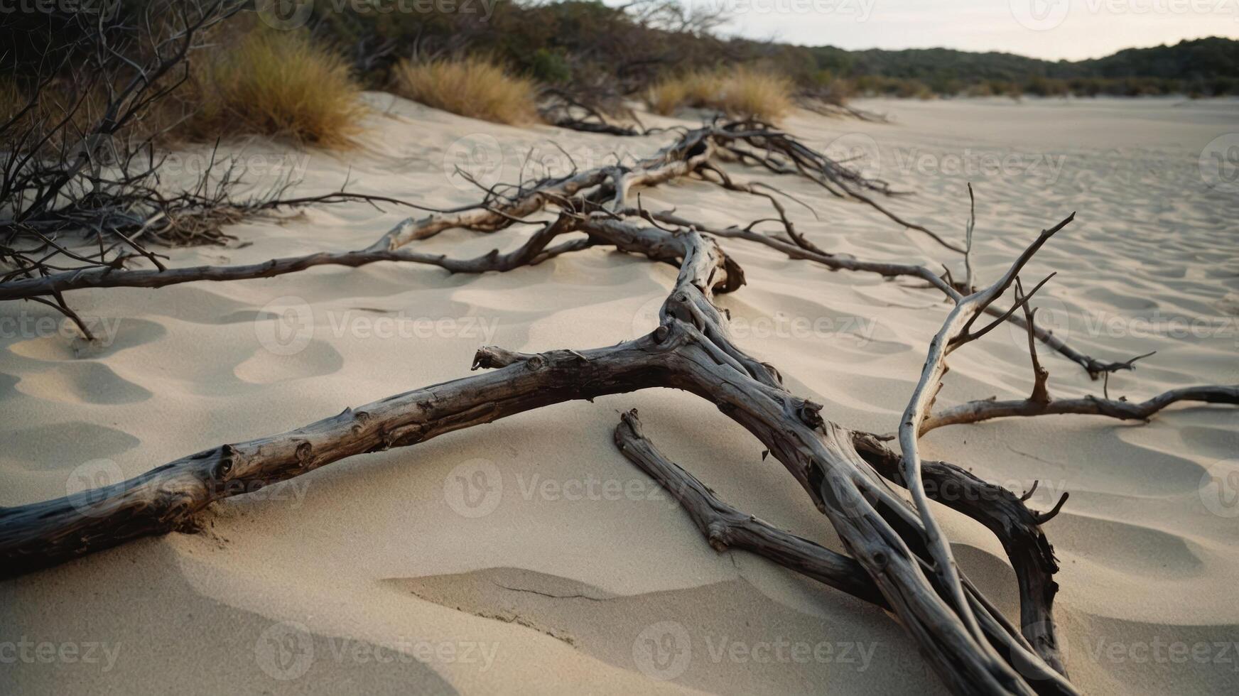 A weathered branch lies on sandy terrain, highlighting natural textures and environment. photo