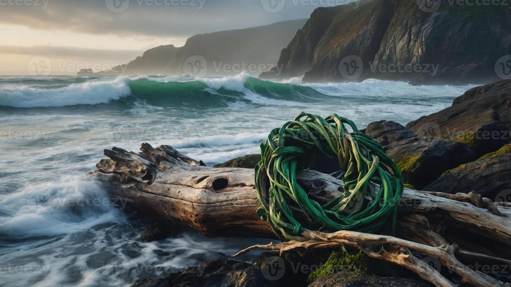 A serene coastal scene featuring waves, a log, and a green rope amidst rocky cliffs. photo