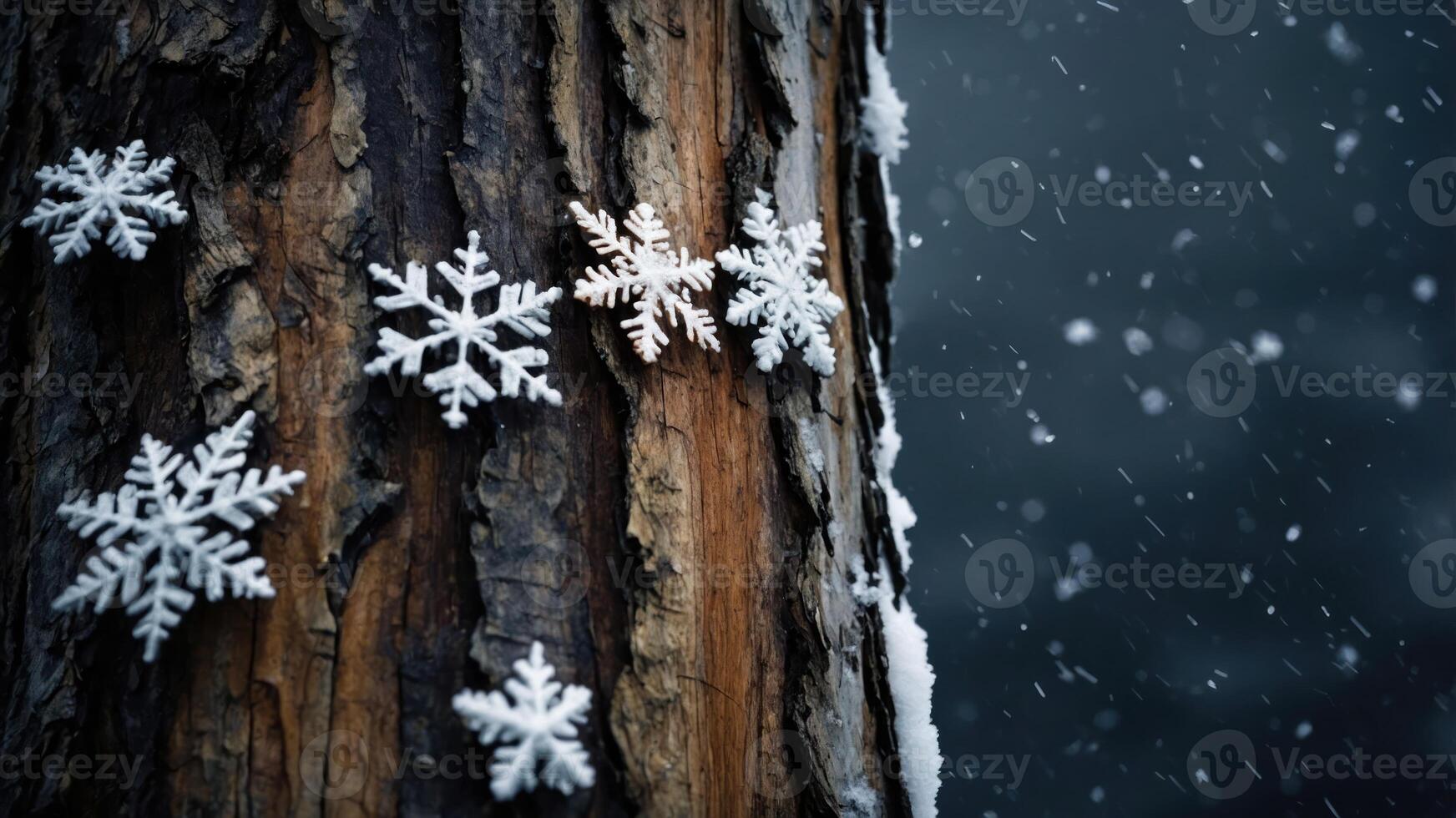 A snowy scene featuring snowflakes on a tree trunk against a dark, wintry background. photo