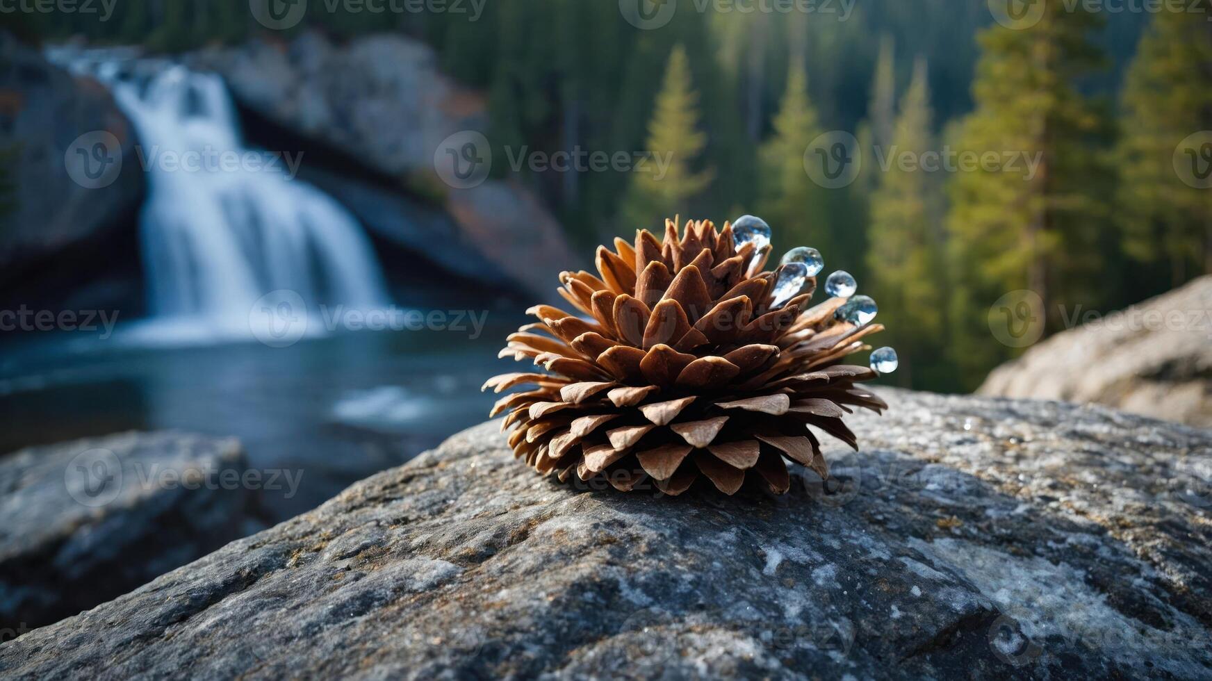 A pine cone adorned with water droplets, set against a serene waterfall backdrop. photo