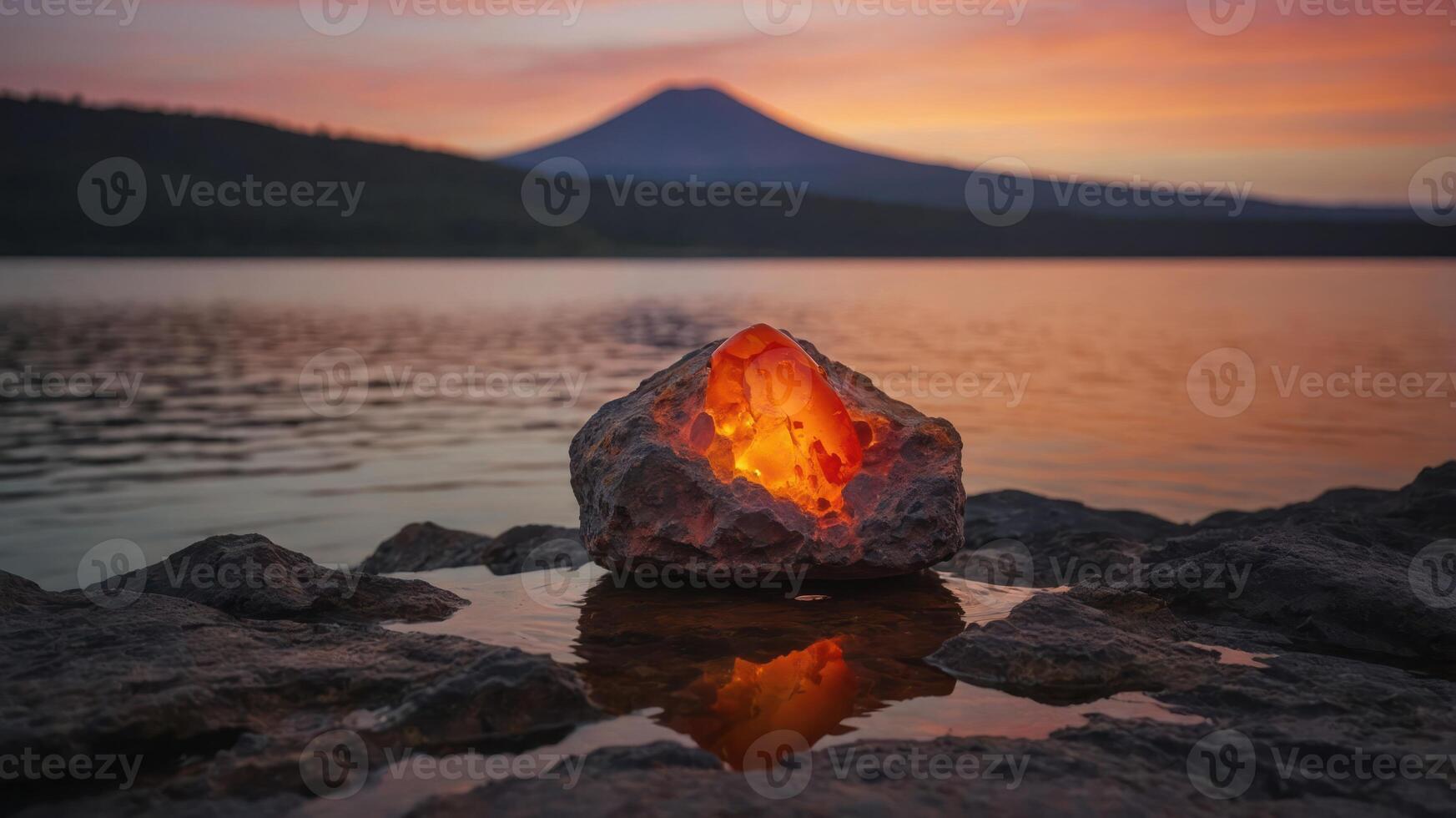 A glowing rock by a serene lake with a mountain backdrop at sunset. photo