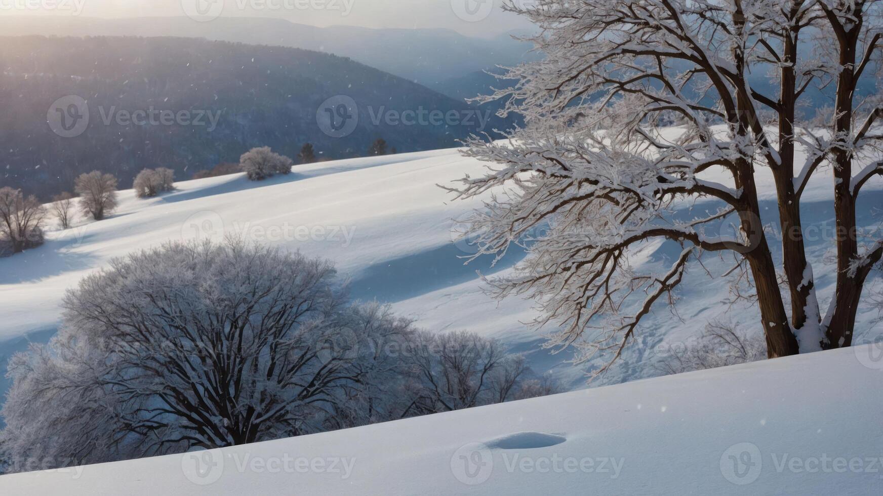 Serene winter landscape with snow-covered hills and frosted trees under soft sunlight. photo