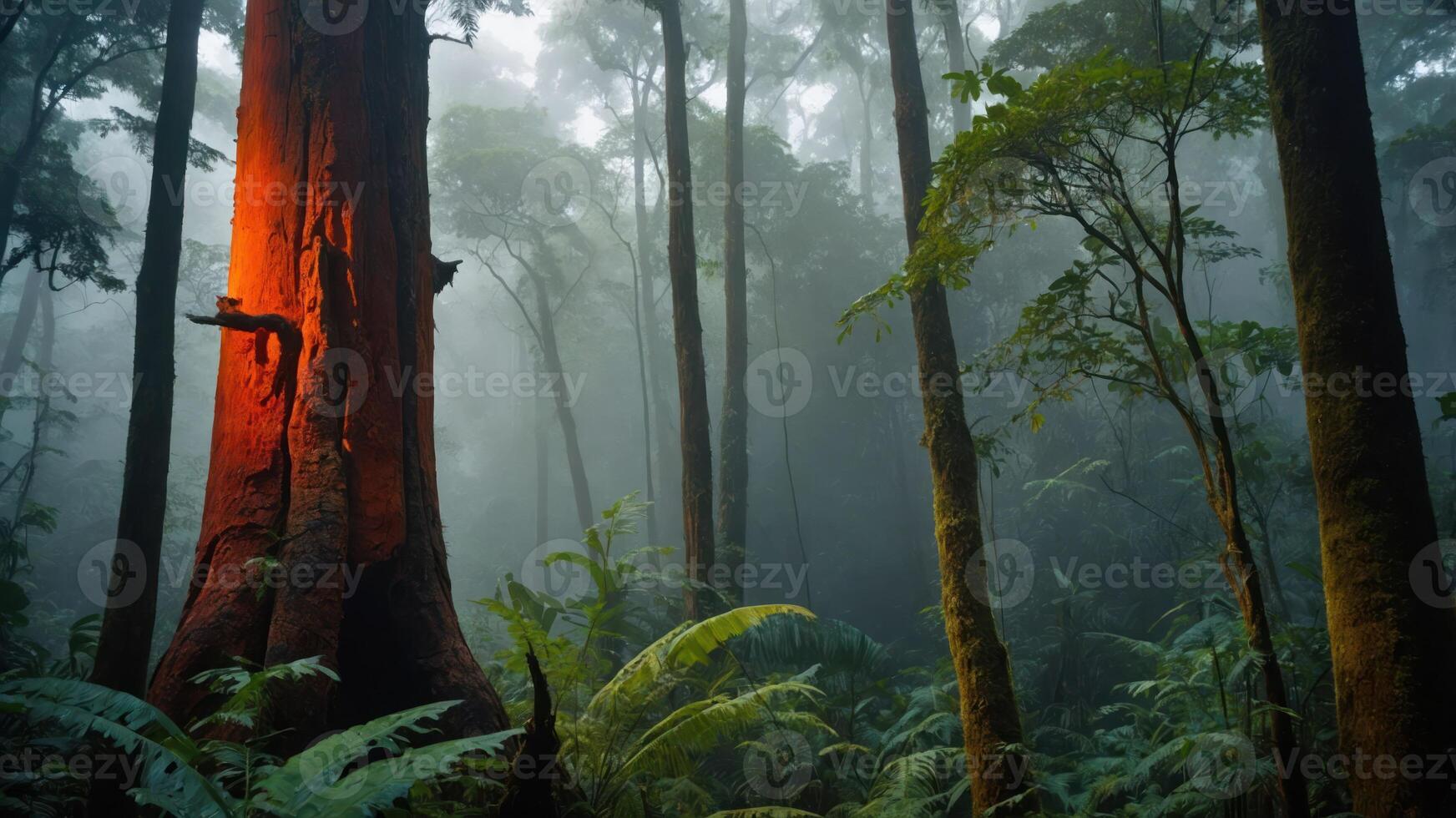 A misty forest with a glowing tree, showcasing nature's beauty and tranquility. photo