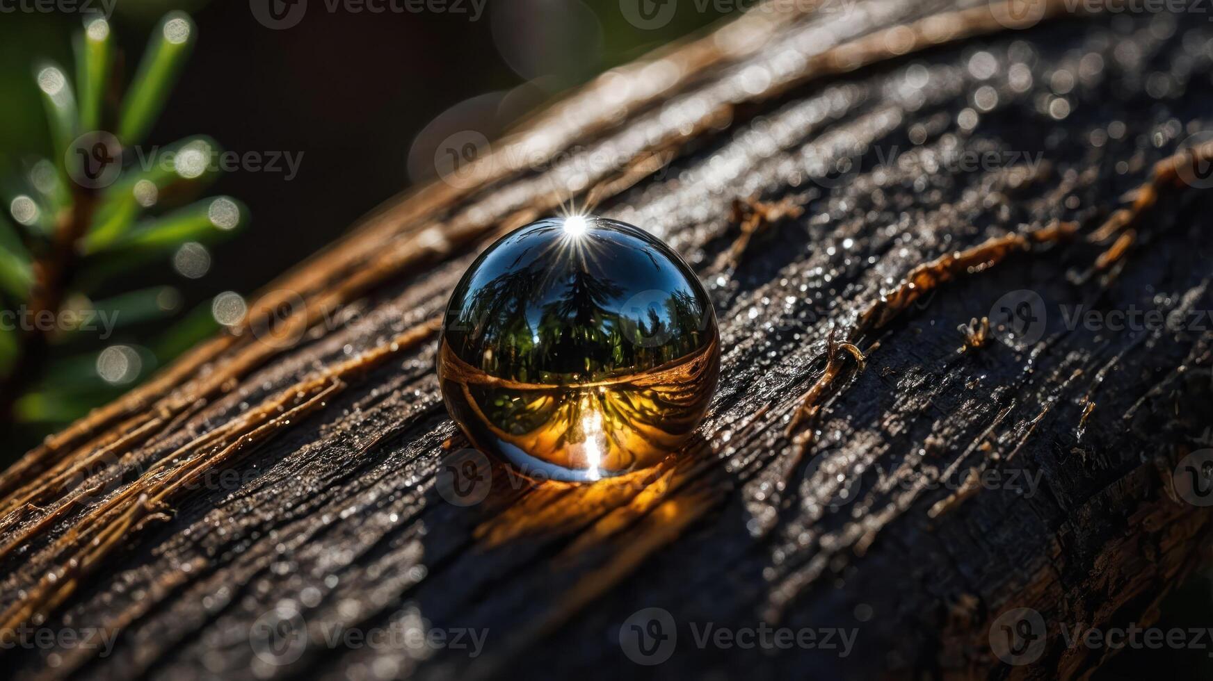 A reflective sphere resting on textured wood, capturing nature's beauty. photo