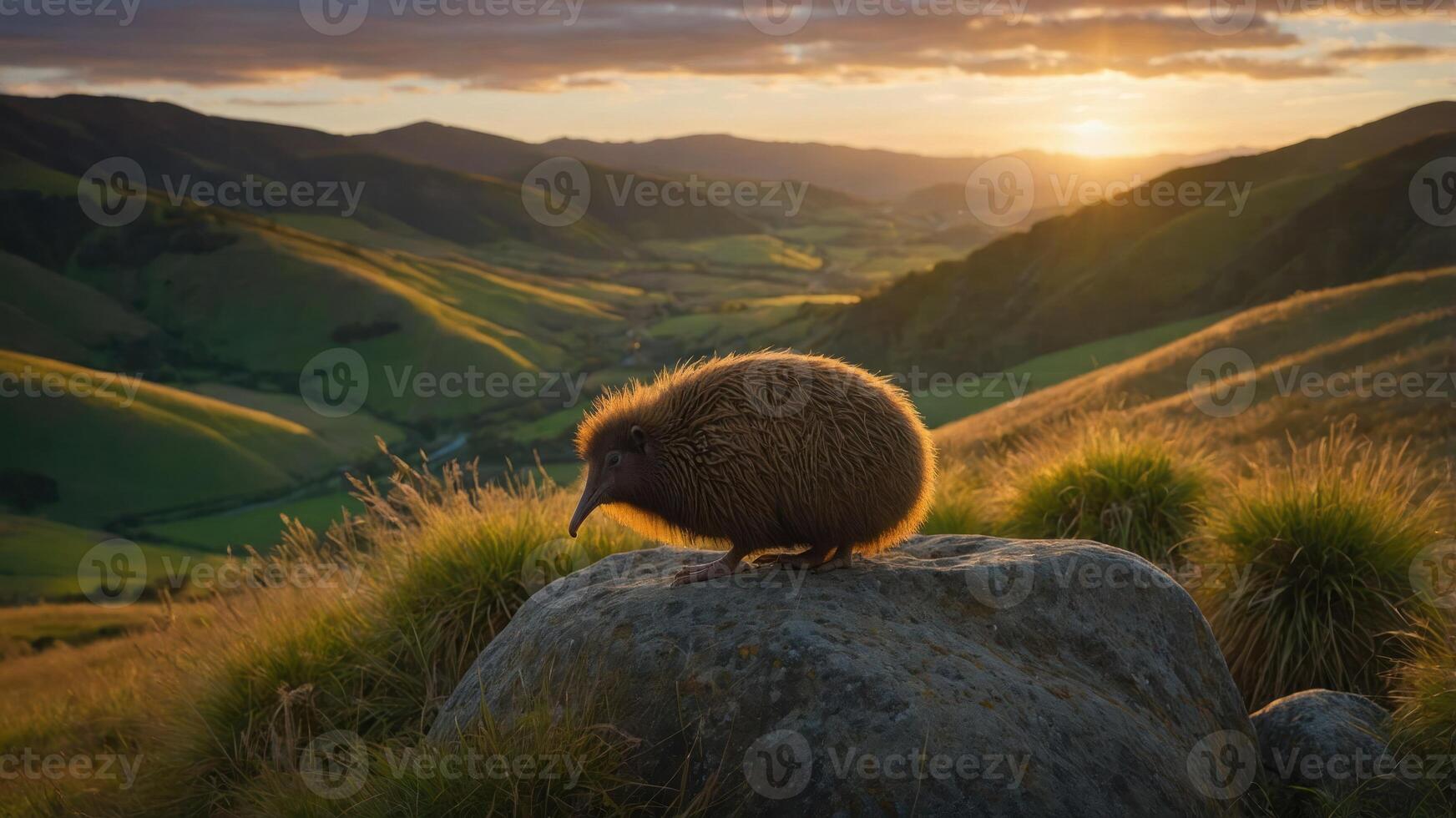 A kiwi bird perched on a rock with a scenic sunset landscape in the background. photo