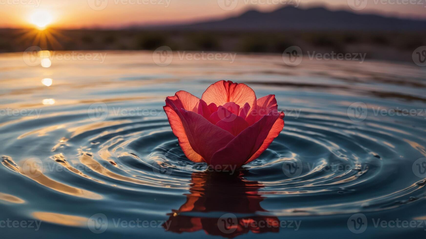 A serene pink lotus flower floats on calm water at sunset, creating a tranquil atmosphere. photo