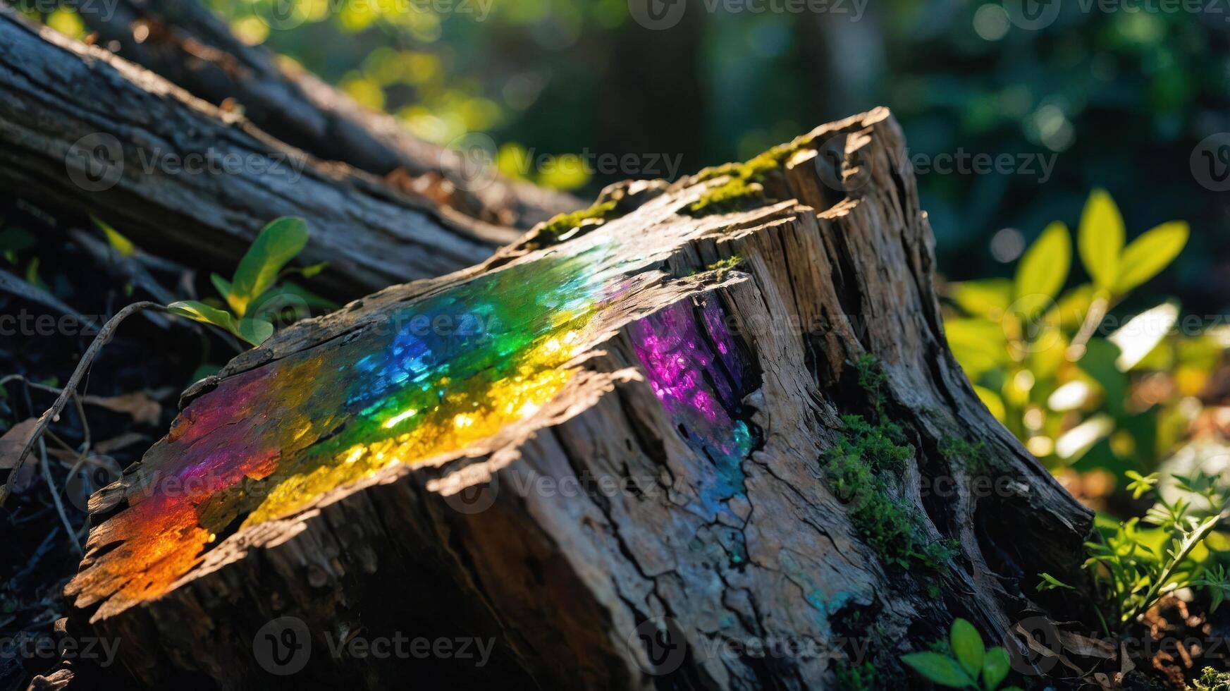 A colorful, iridescent patch on a weathered tree stump surrounded by lush greenery. photo