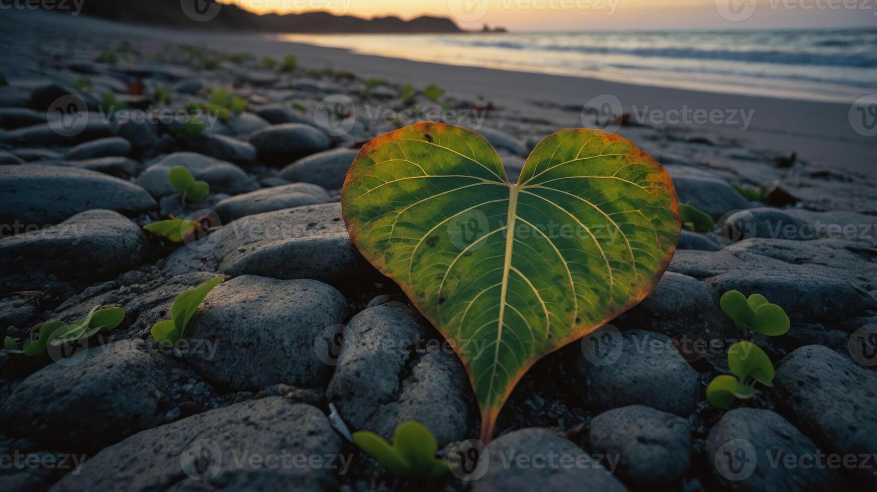 A heart-shaped leaf rests on pebbles by the beach, capturing nature's beauty at sunset. photo