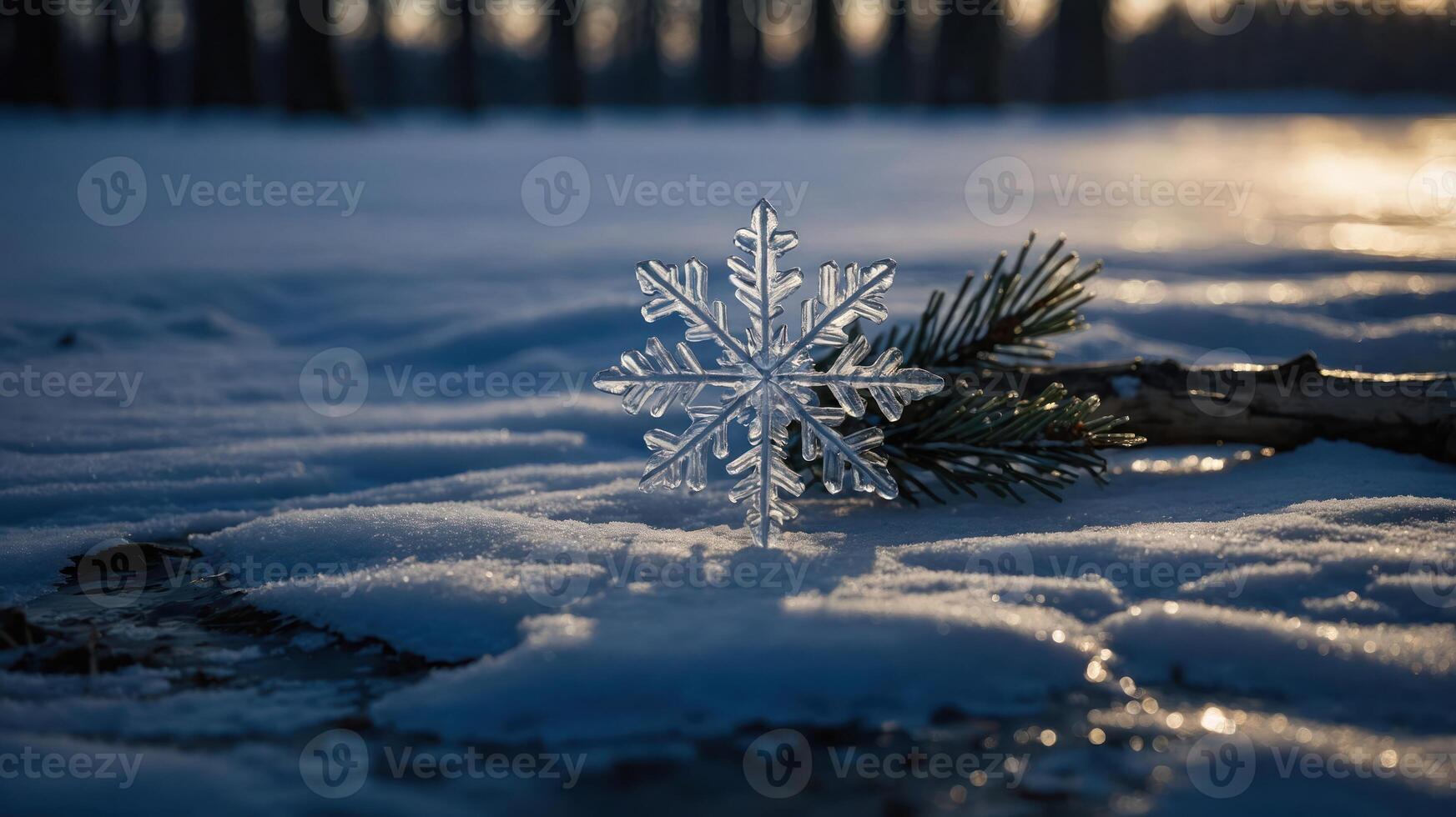 A snowflake rests on snow, surrounded by a serene winter landscape. photo