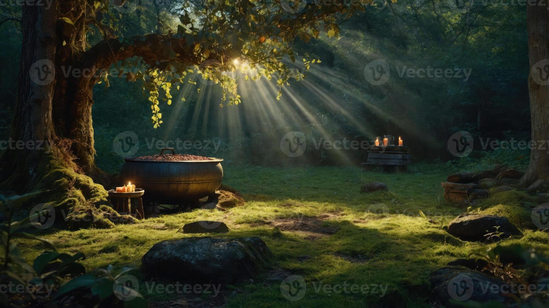 A serene forest scene with a cauldron, sunlight beams, and candles amidst lush greenery. photo