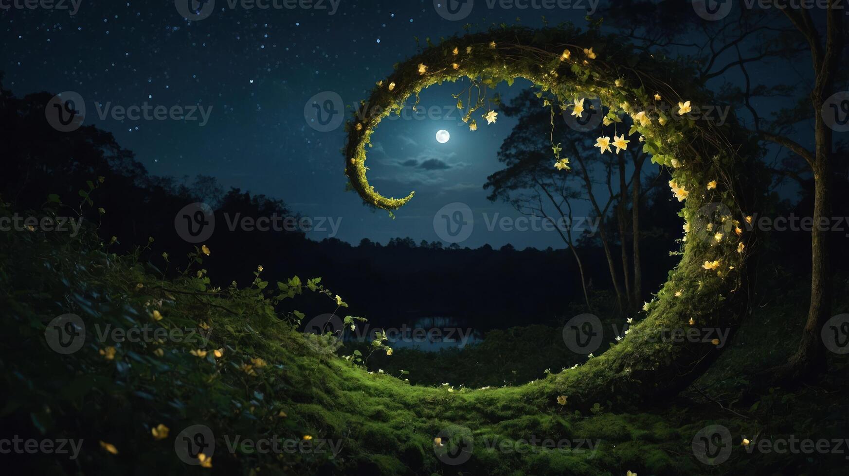 A mystical crescent shape made of foliage and lights against a moonlit landscape. photo
