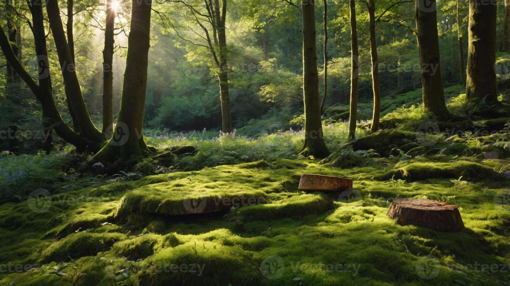 A serene forest scene with moss-covered ground and tree stumps, illuminated by soft sunlight. photo