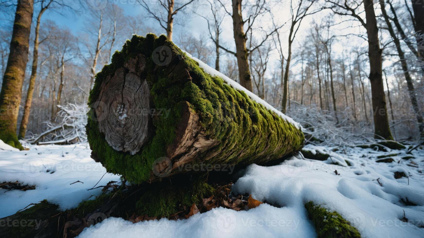 A moss-covered log rests in a snowy forest, showcasing winter's serene beauty. photo