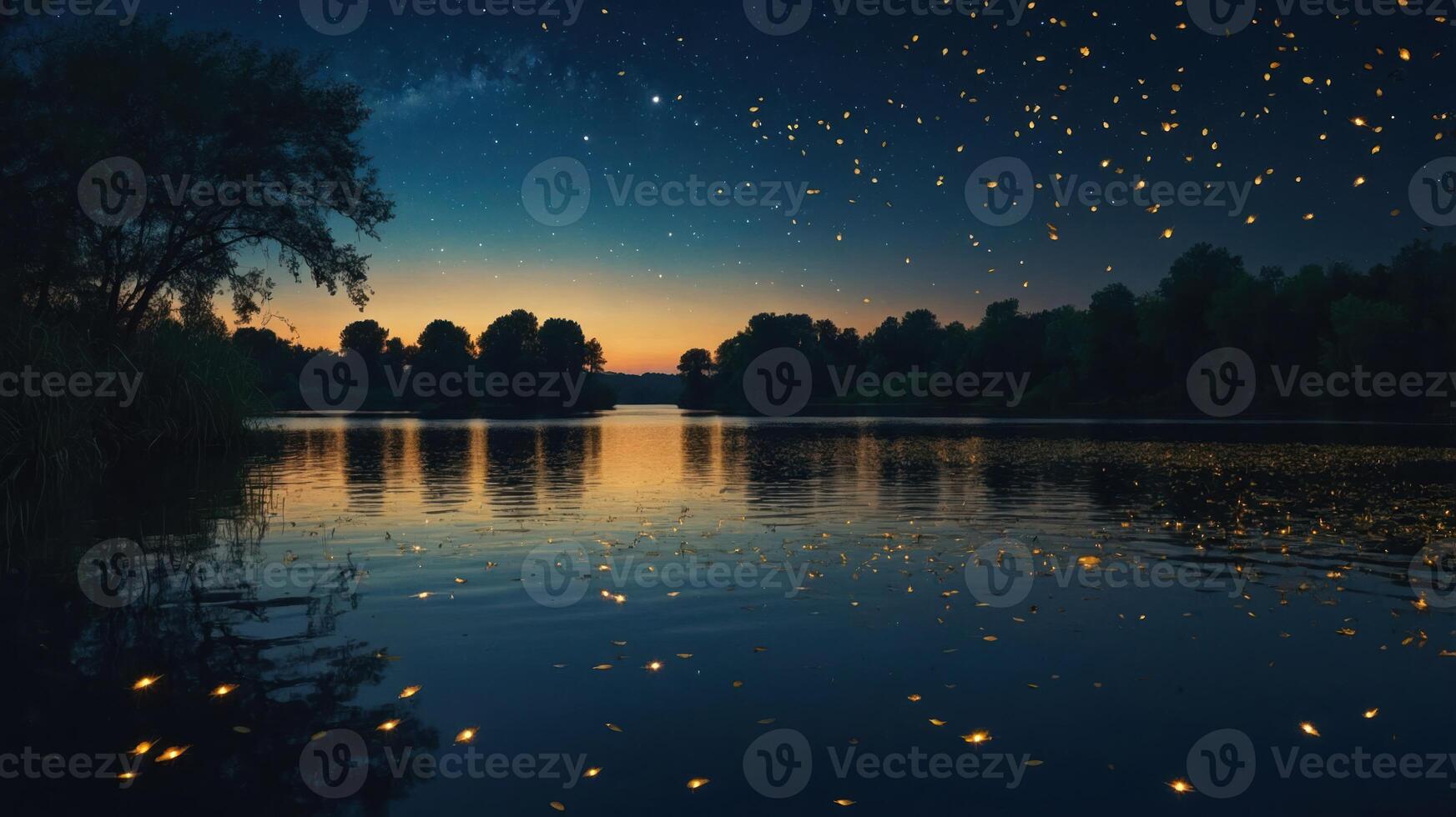 A serene twilight scene over a calm lake, illuminated by glowing fireflies and stars. photo