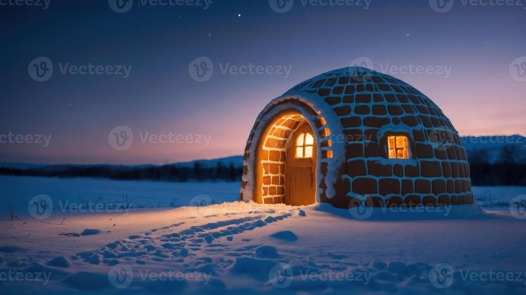 A cozy igloo illuminated at dusk, surrounded by a snowy landscape. photo