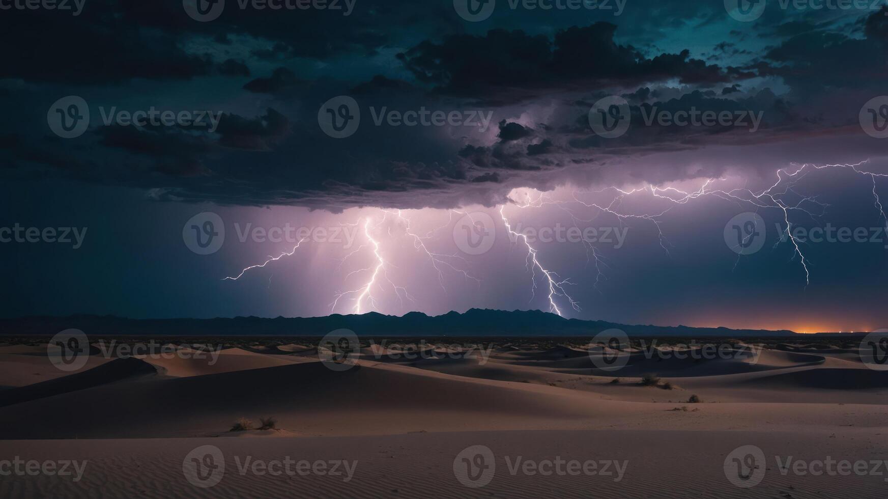 A dramatic lightning storm illuminating a desert landscape at night. photo