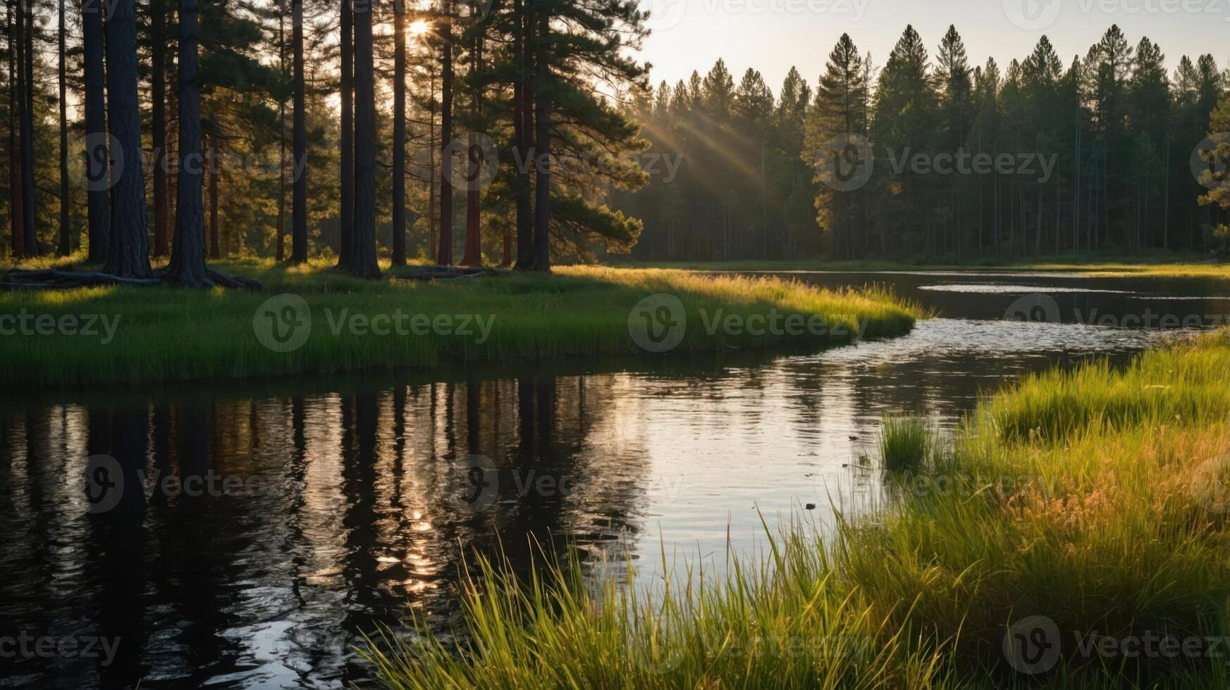 Serene landscape featuring a river, tall trees, and sunlight filtering through foliage. photo