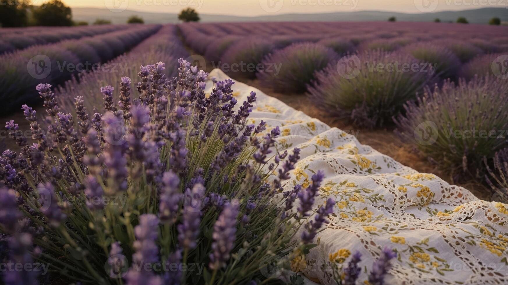 A serene lavender field with a white patterned blanket, inviting relaxation and nature appreciation. photo