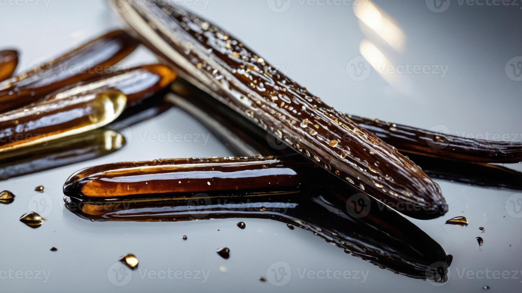 A close-up of glossy, elongated brown objects resembling caramel or candy on a reflective surface. photo