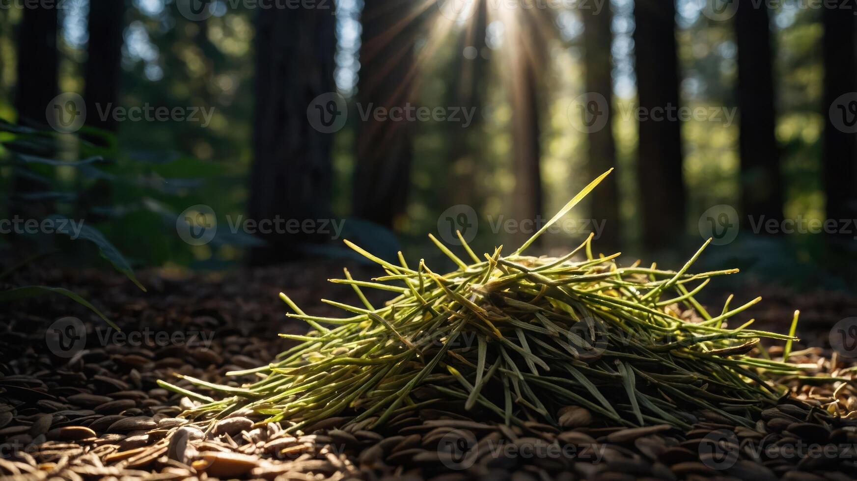 A sunlit forest scene featuring a mound of grass and seeds on the forest floor. photo