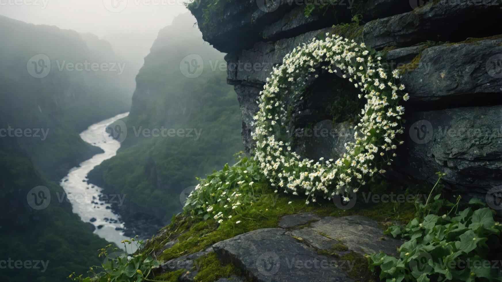 A serene landscape featuring a floral wreath on a rocky ledge by a winding river. photo