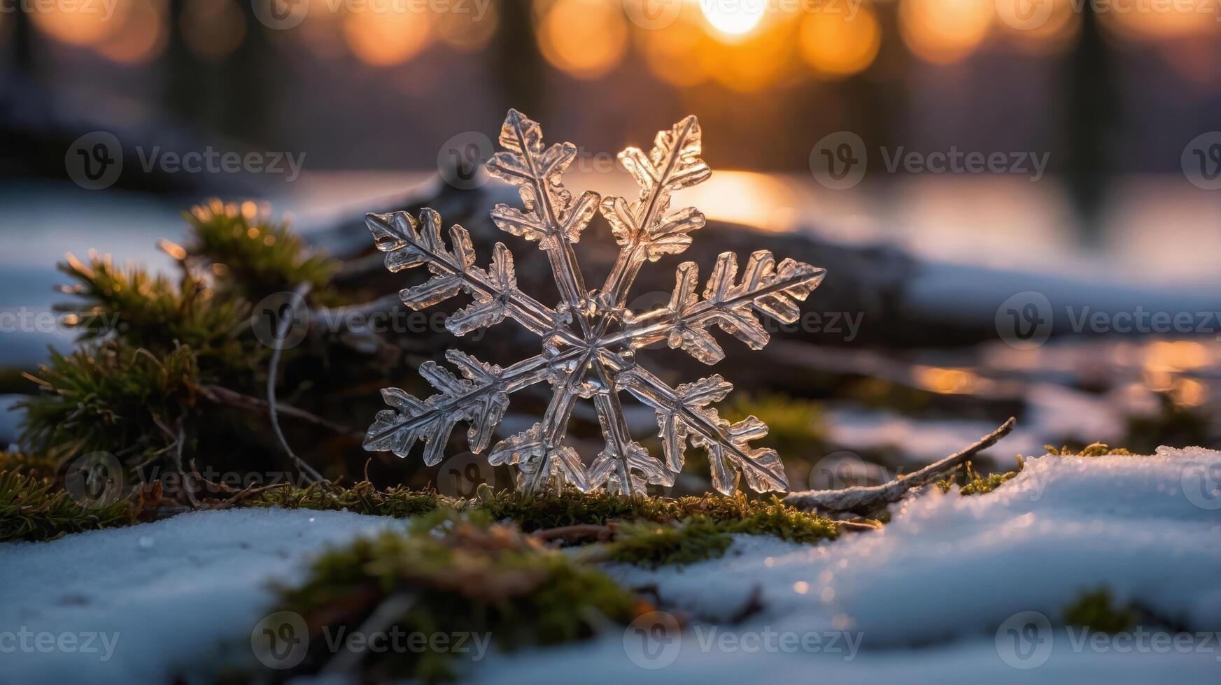 A snowflake rests on moss in a snowy landscape during sunset, capturing winter's beauty. photo