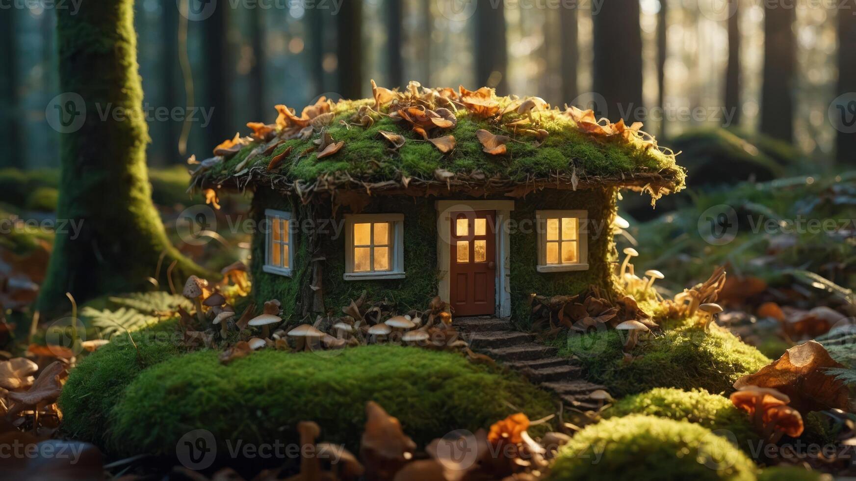A whimsical, moss-covered cottage nestled in a forest, illuminated by warm light. photo