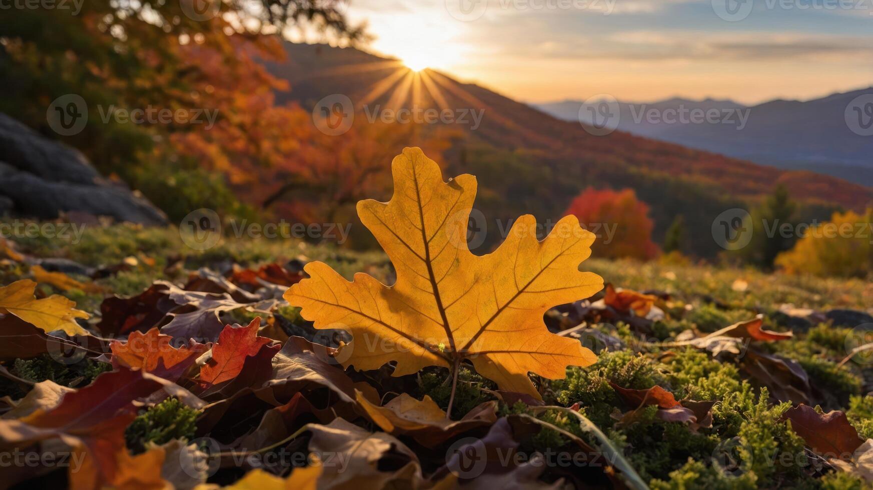 A vibrant autumn landscape featuring a golden leaf amidst colorful foliage at sunset. photo