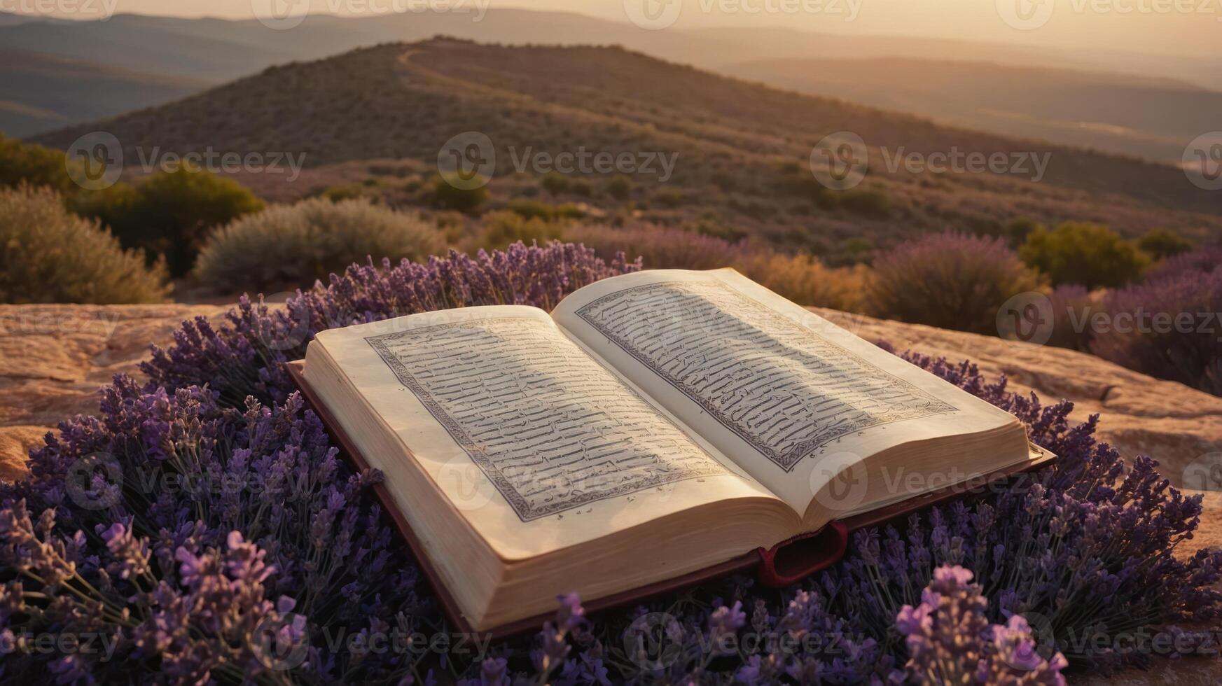 An open book rests on lavender flowers with a scenic mountain backdrop at sunset. photo