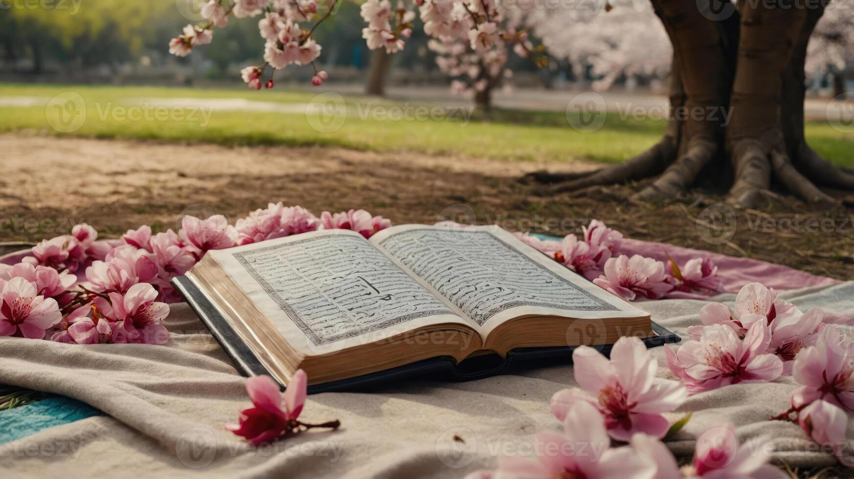 An open book surrounded by pink flowers in a serene outdoor setting. photo