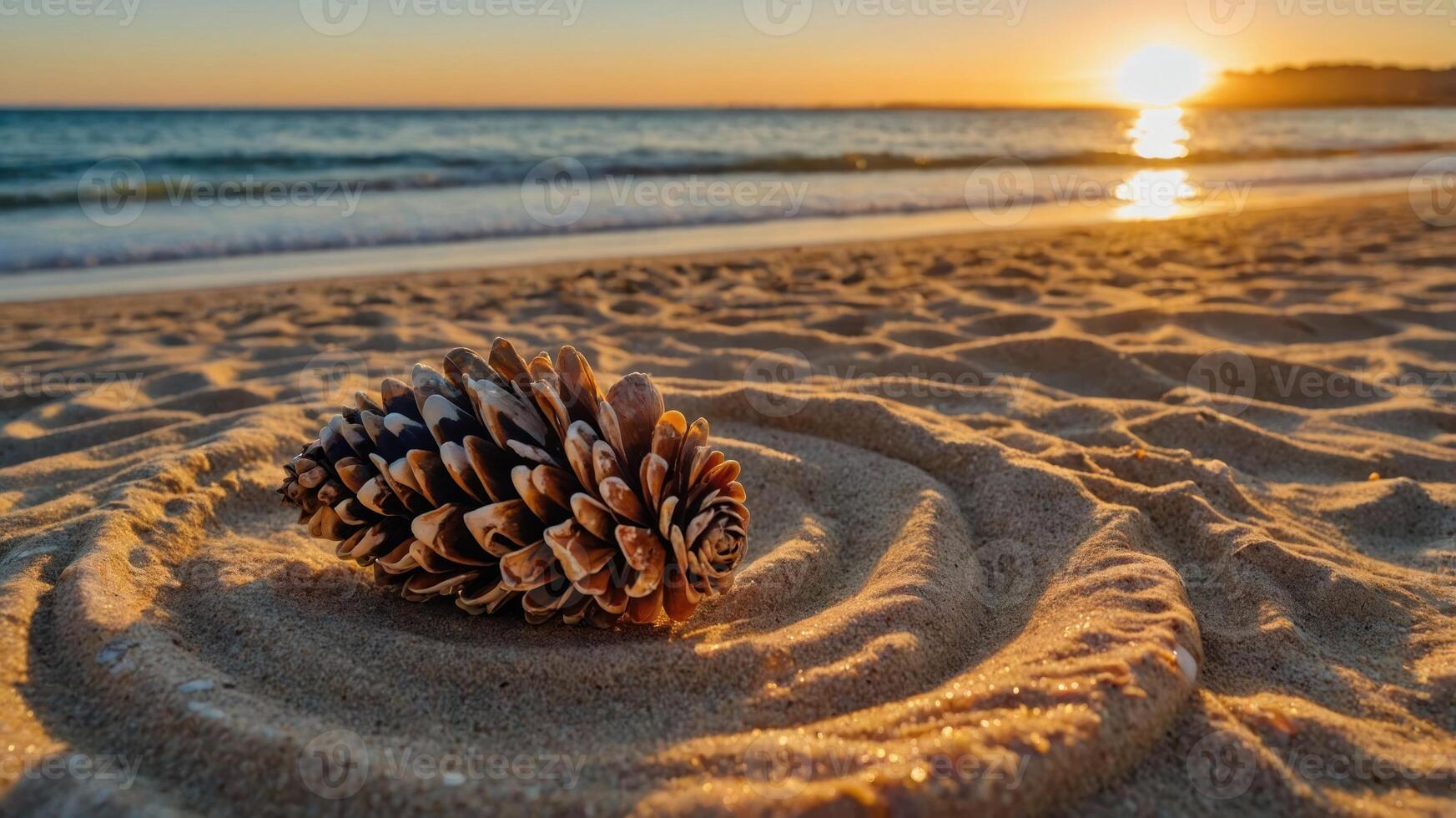 A pine cone rests in the sand by the ocean at sunset, creating a serene beach scene. photo