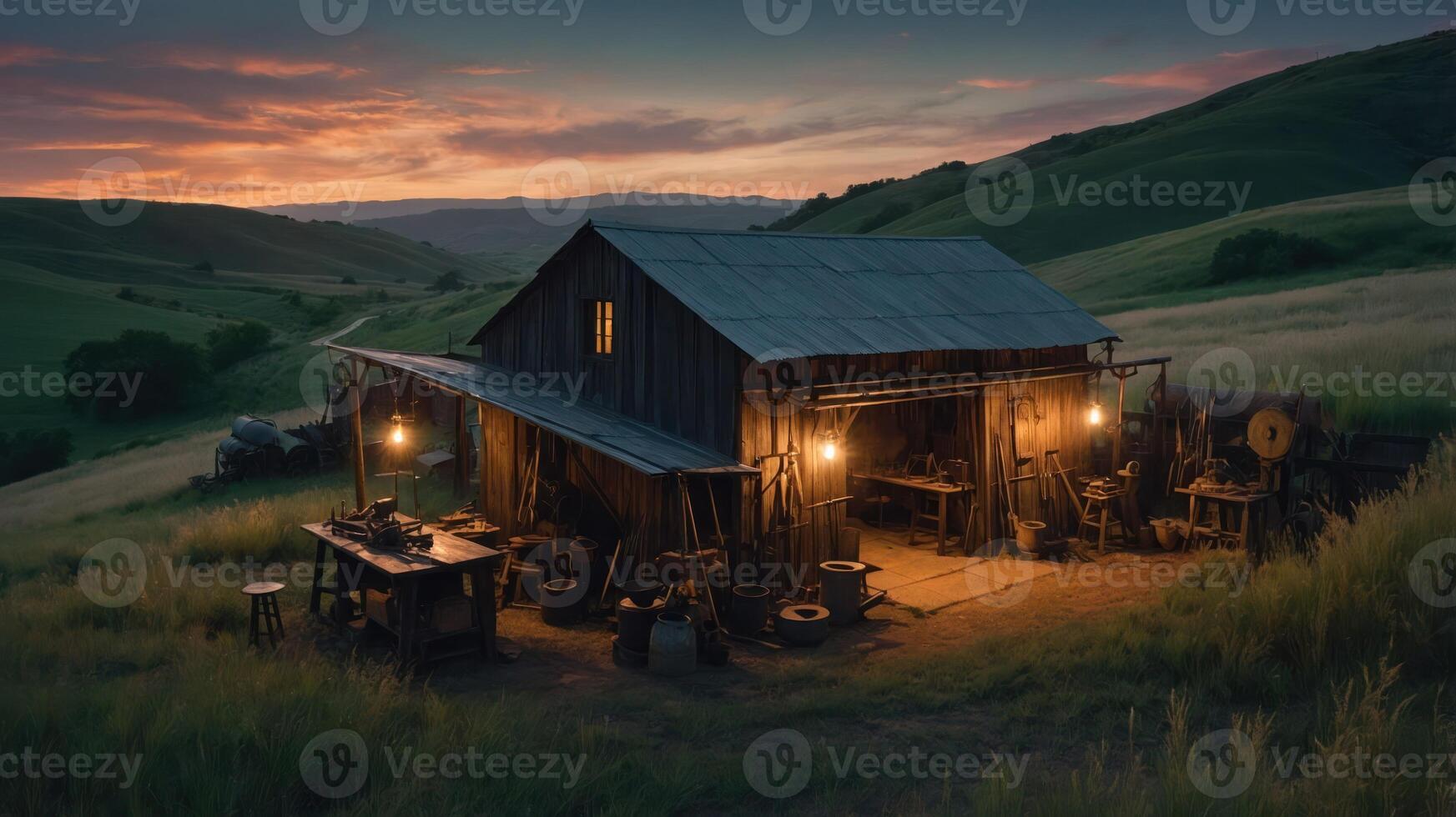 A rustic workshop at dusk, illuminated by lanterns in a serene landscape. photo