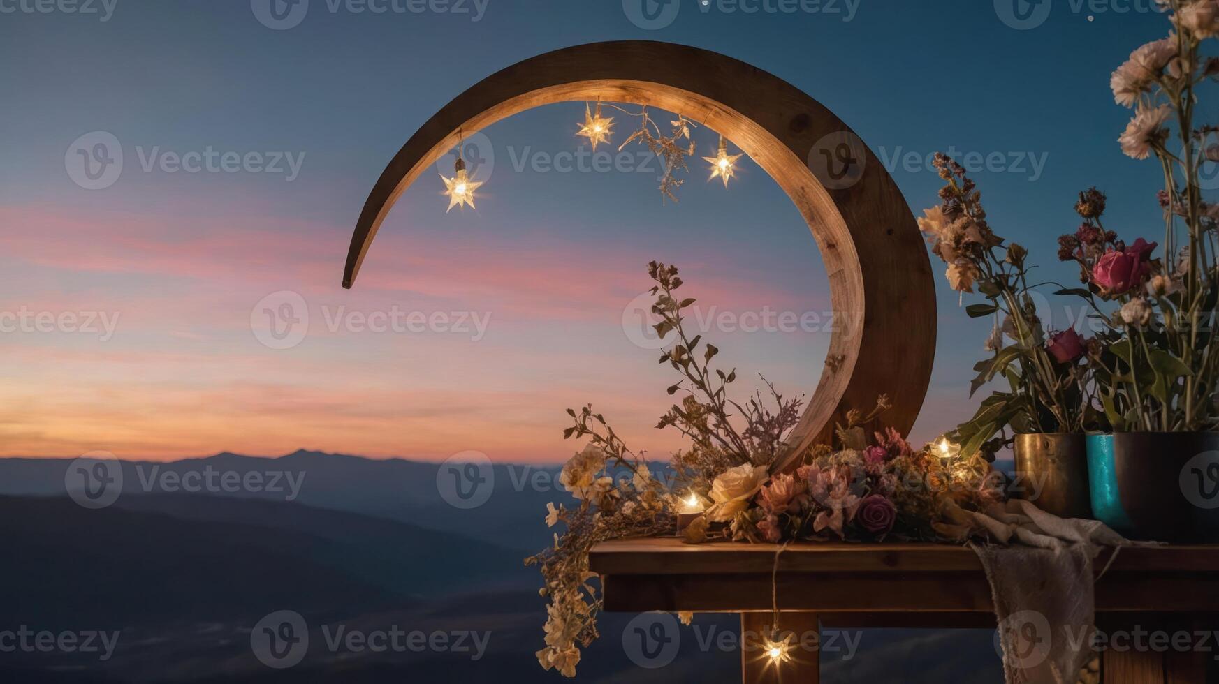A serene crescent moon decor with flowers and lights against a sunset backdrop. photo