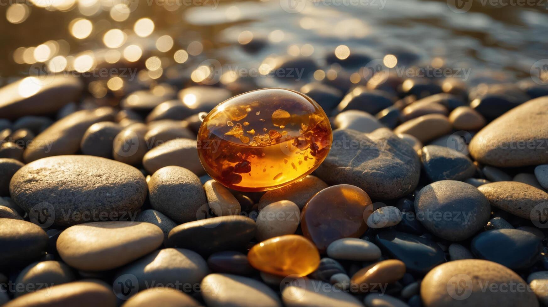 A glimmering amber stone rests among smooth pebbles by a shimmering water surface. photo