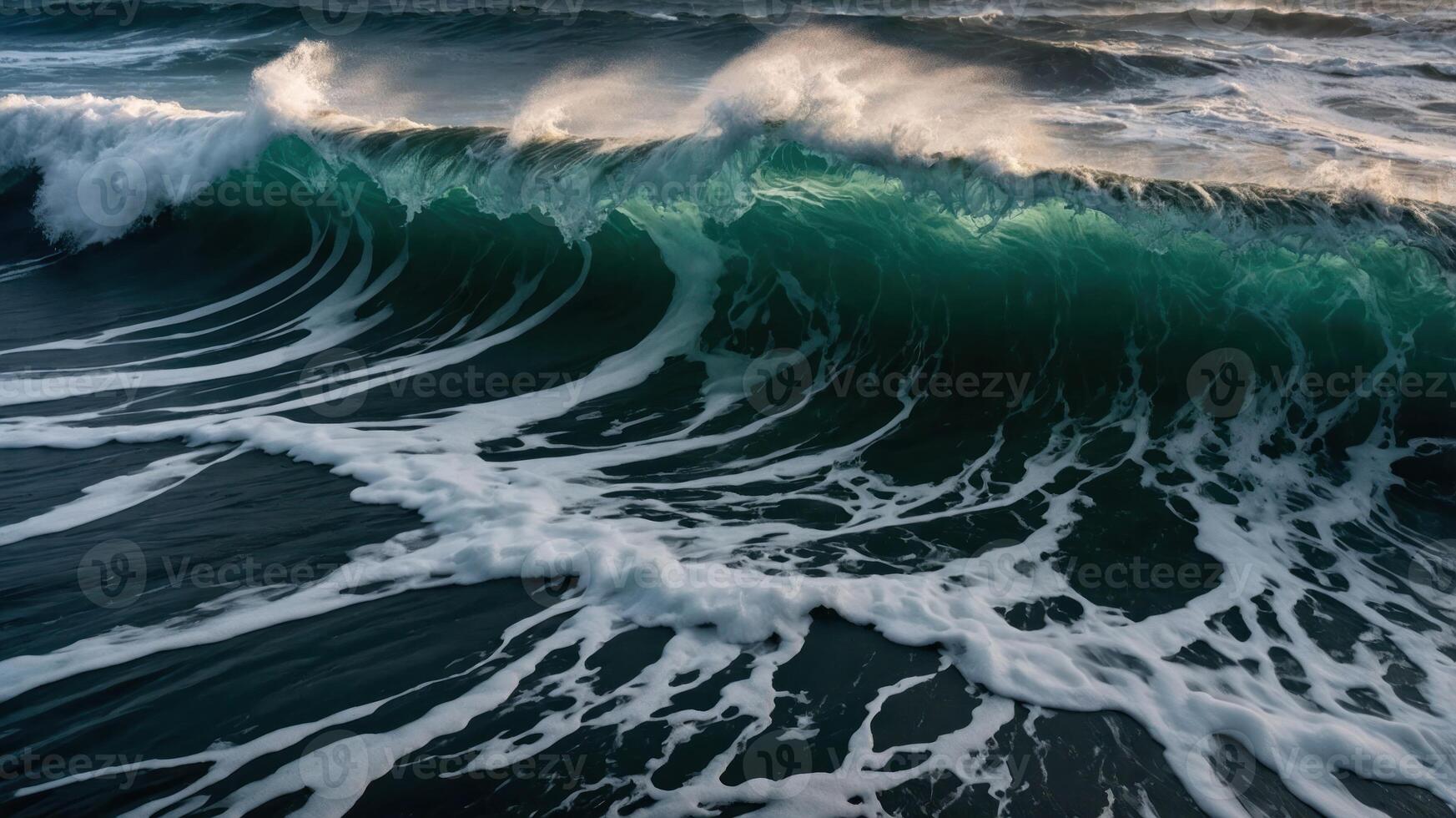 A close-up view of a crashing ocean wave with intricate patterns and foamy textures. photo