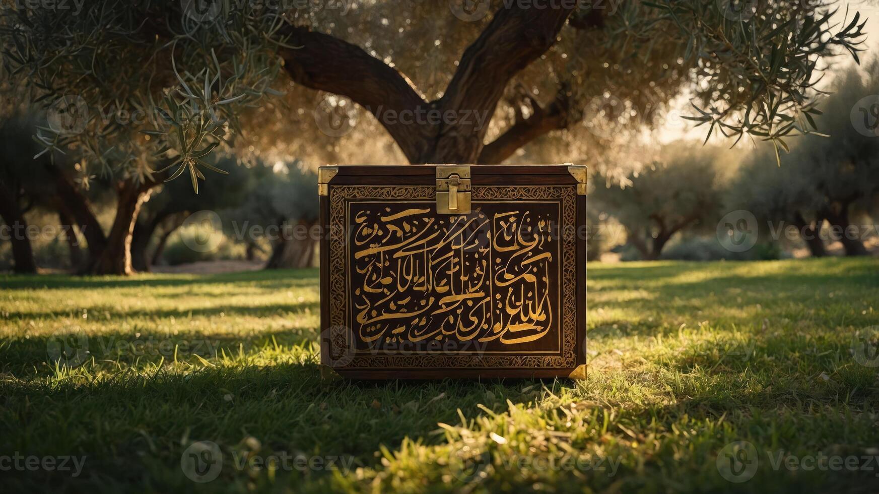 A decorative box with Arabic calligraphy set in an olive grove. photo