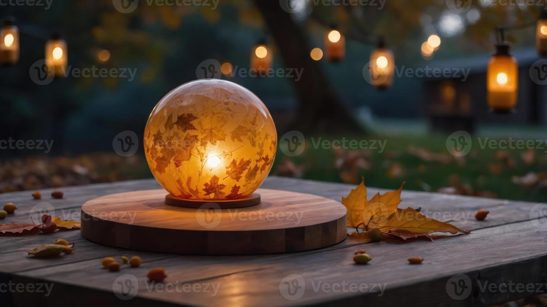 A glowing decorative orb surrounded by autumn leaves and lanterns in a tranquil outdoor setting. photo