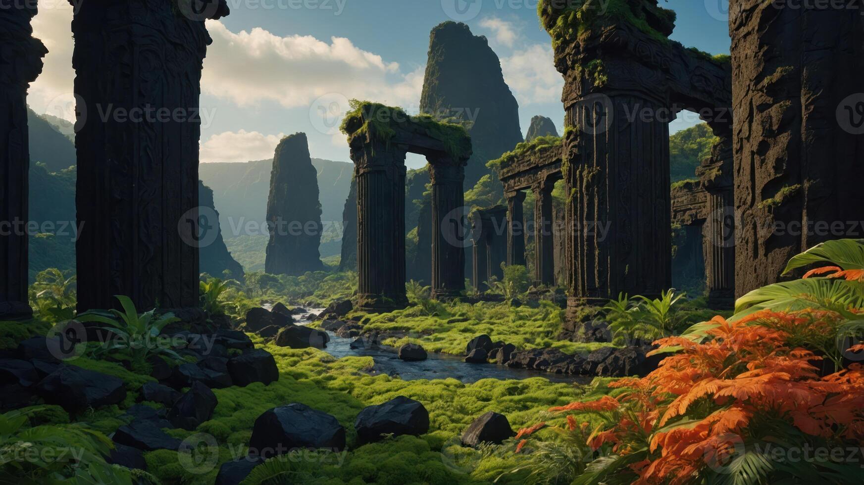 Lush landscape featuring ancient stone ruins surrounded by vibrant vegetation and a flowing stream. photo