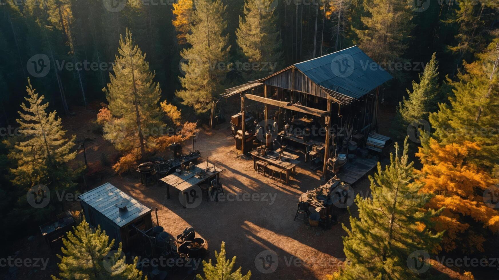 A rustic wooden structure surrounded by trees, serving as a workshop or gathering place. photo