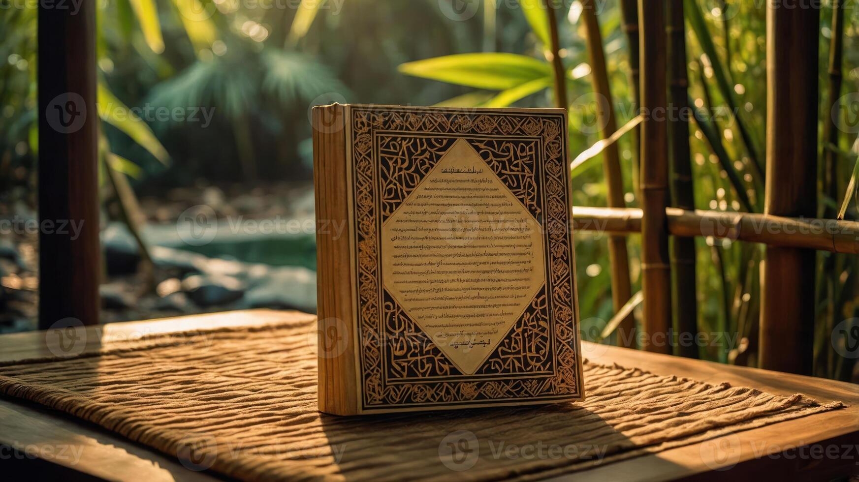 An ornate book displayed on a table amidst a lush green environment. photo