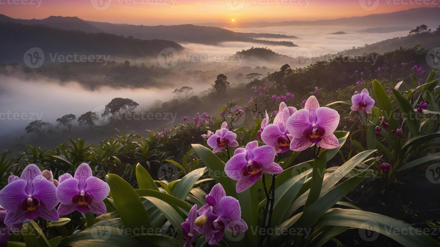 A serene landscape featuring blooming orchids at sunrise over misty hills. photo