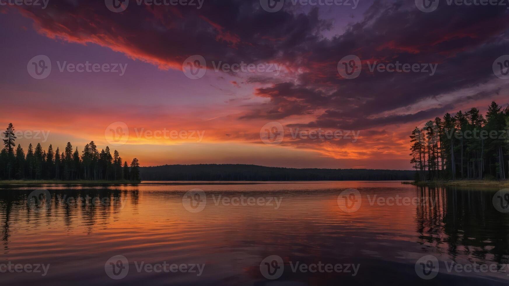 A serene sunset over a lake, reflecting vibrant colors and silhouettes of trees. photo