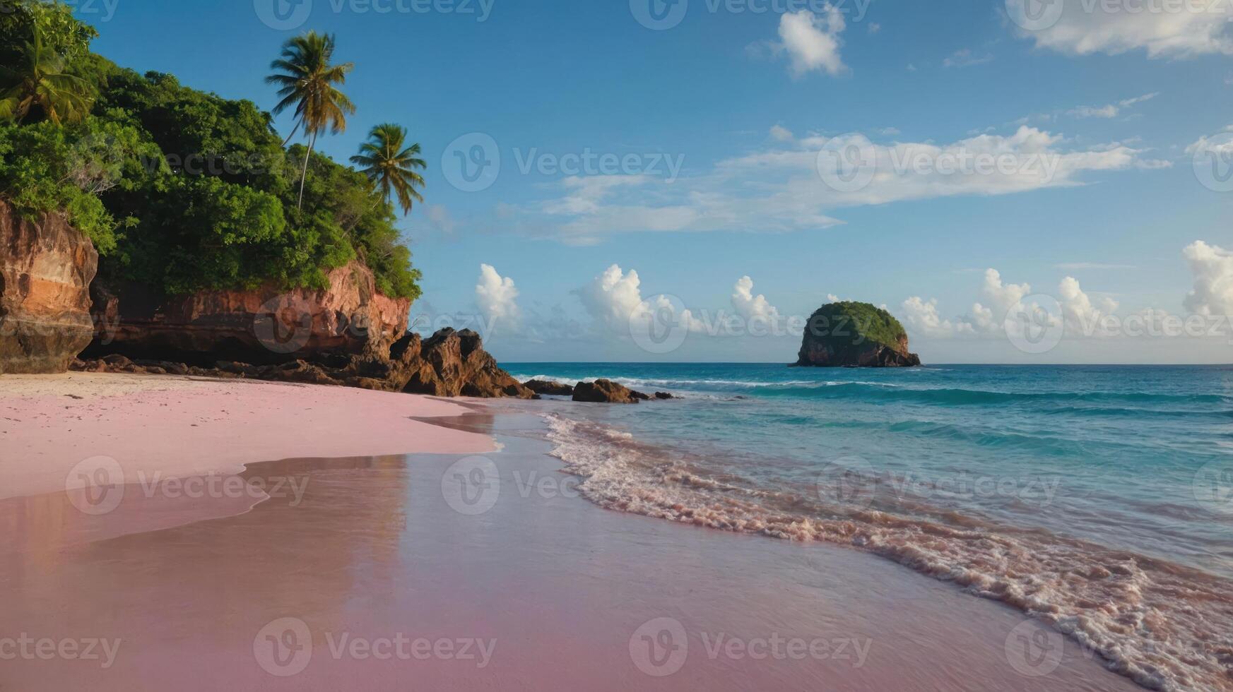 Serene beach with pink sand, lush greenery, and a distant island under a blue sky. photo