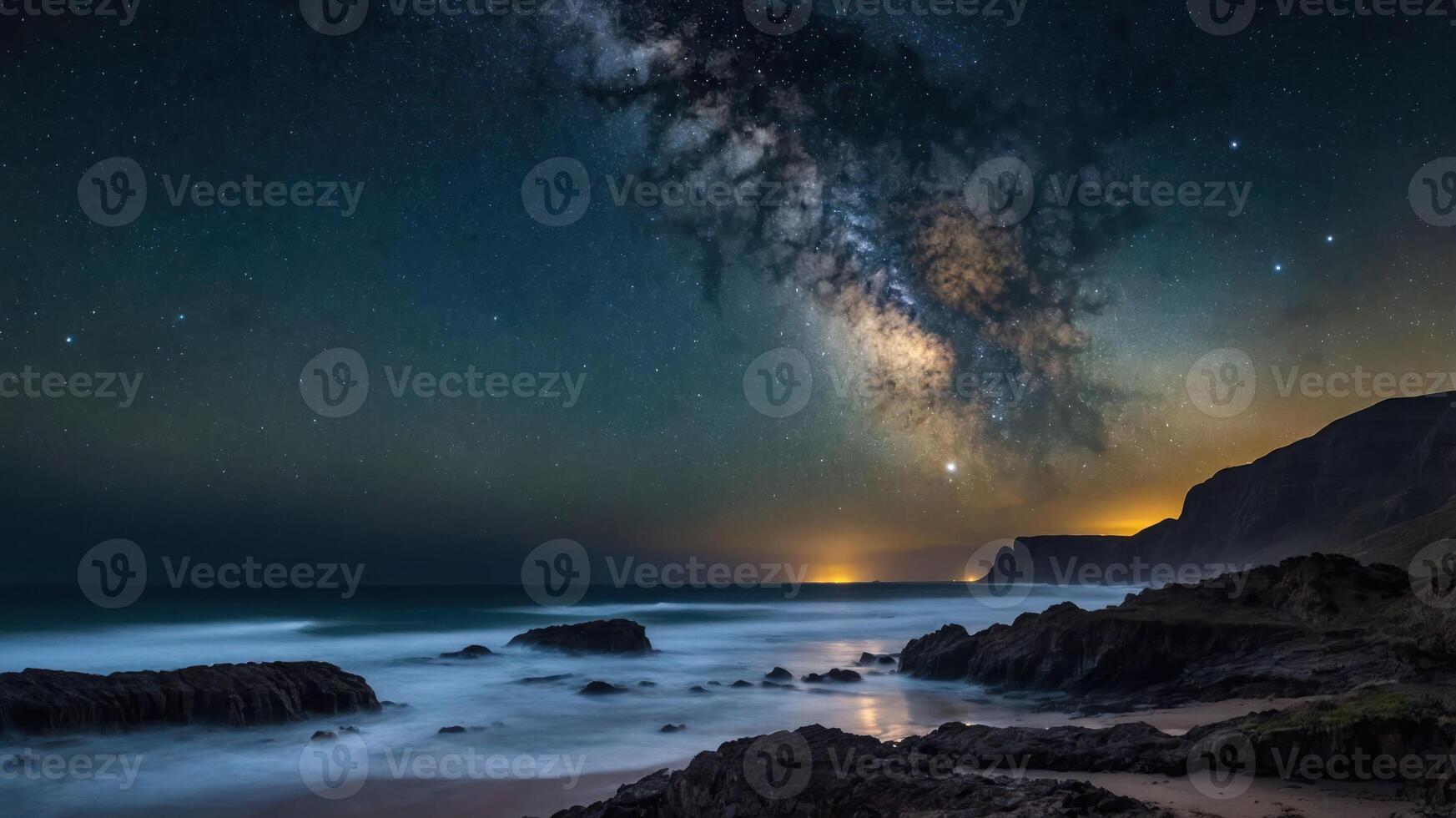 A stunning night sky filled with stars and the Milky Way over a serene beach landscape. photo