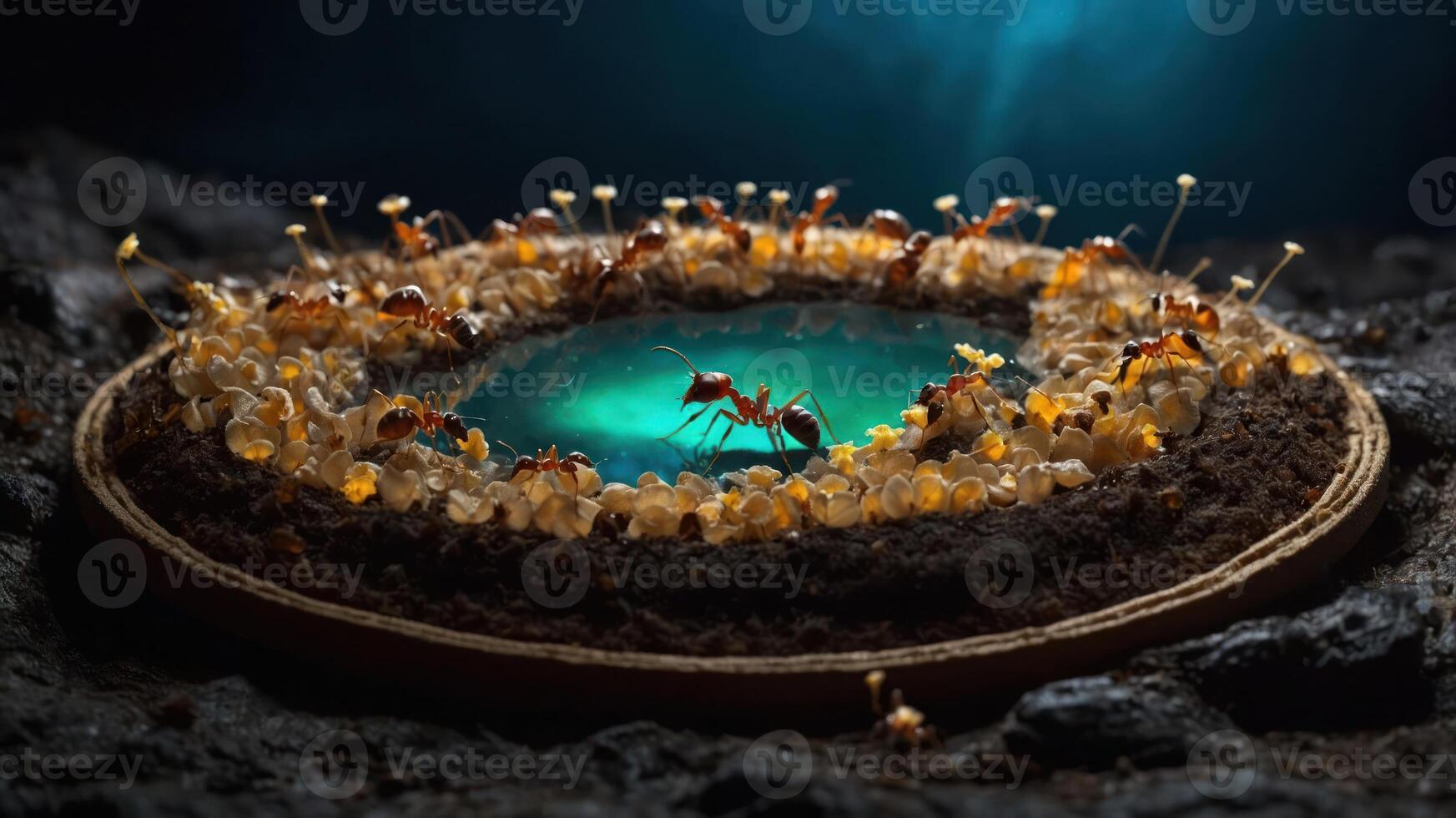 A vibrant underground scene featuring ants around a glowing pool with mushrooms. photo