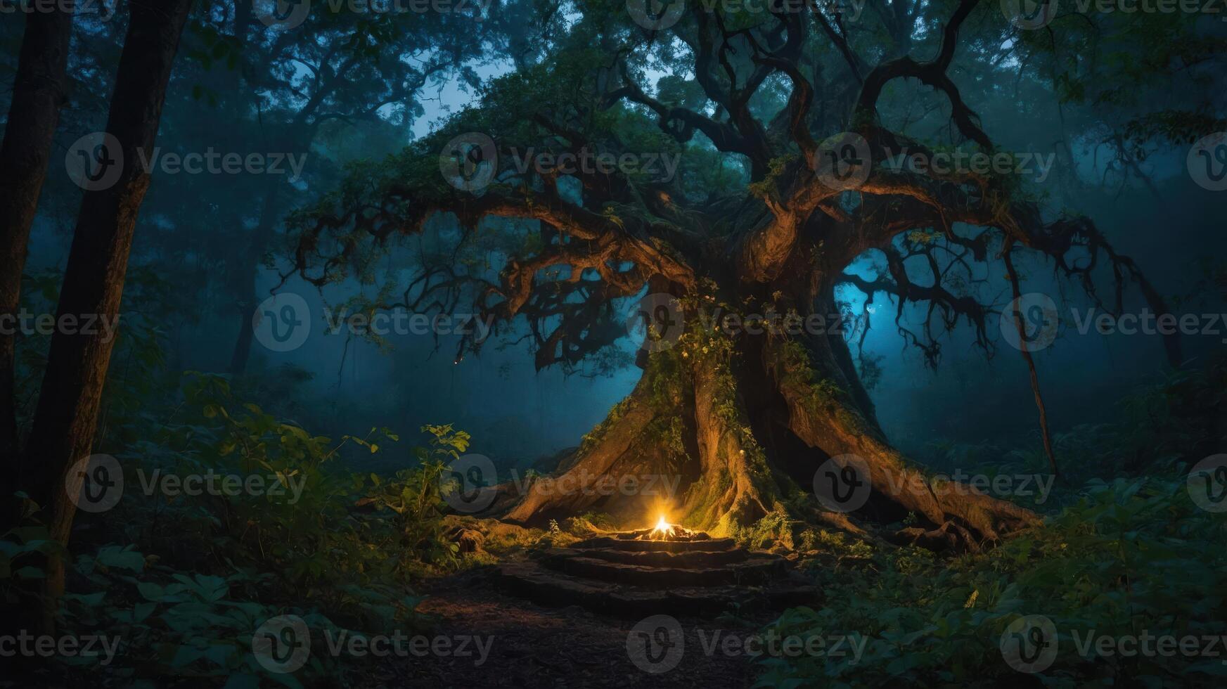 A mystical tree in a foggy forest, illuminated by a small fire, creating an enchanting atmosphere. photo